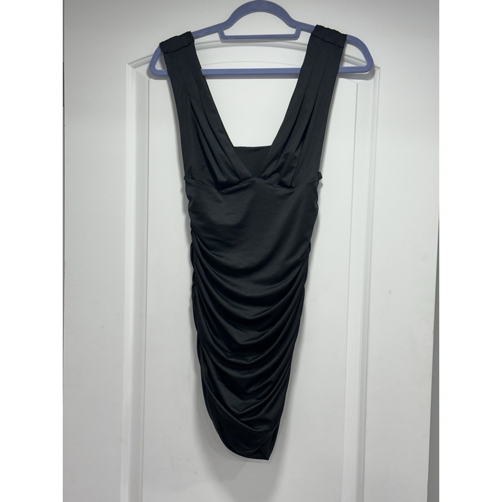 Black Ruched‎ Sleeveless Swim Dress Wide Strap Classic Solid S Nylon Spandex